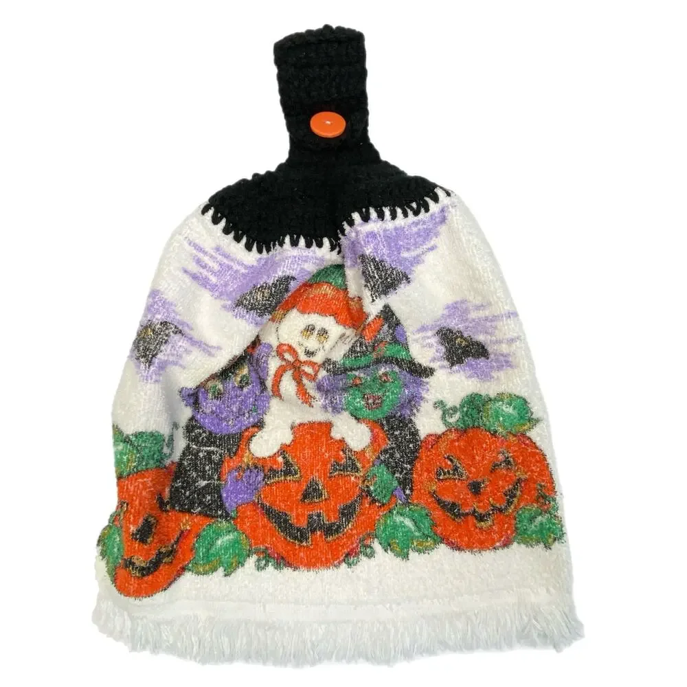 Handmade Crochet Top Halloween Towels Pumpkins Skeletons - Set of 2